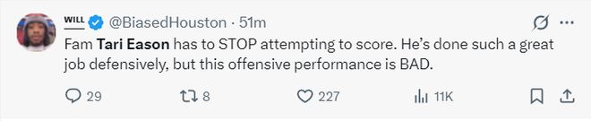 火箭队核心塔里-伊森陷入投篮困境 球迷呼吁裁掉